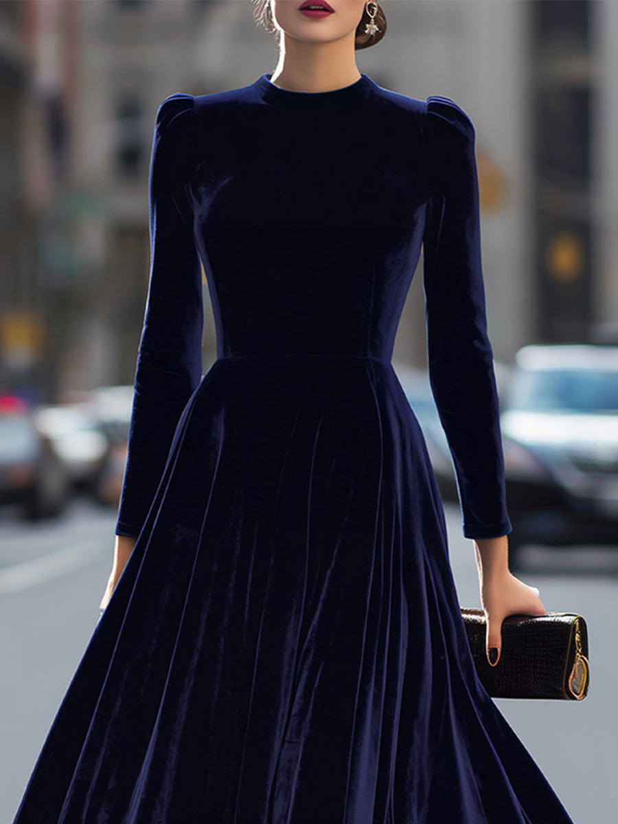 Isa | Midi Jurk met Lange Mouwen Donkerblauw