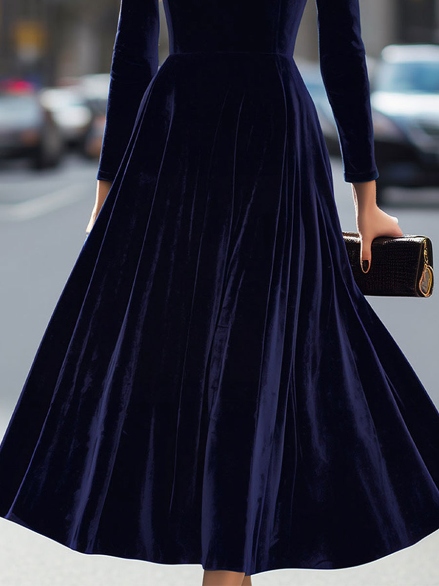 Isa | Midi Jurk met Lange Mouwen Donkerblauw