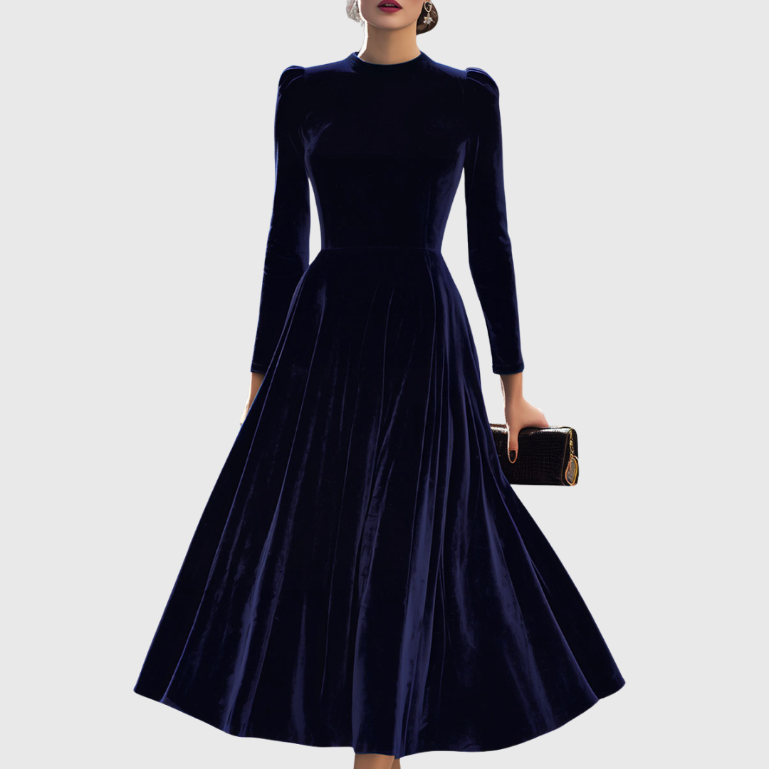 Isa | Midi Jurk met Lange Mouwen Donkerblauw