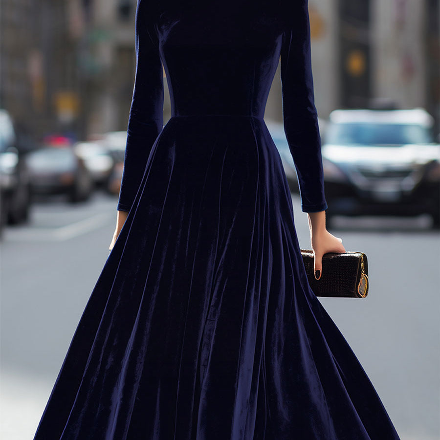 Isa | Midi Jurk met Lange Mouwen Donkerblauw