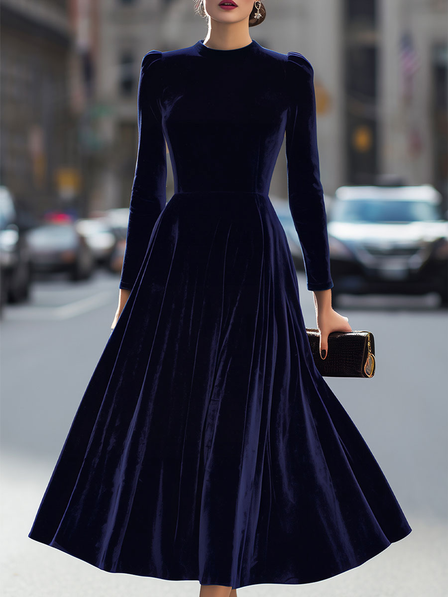 Isa | Midi Jurk met Lange Mouwen Donkerblauw