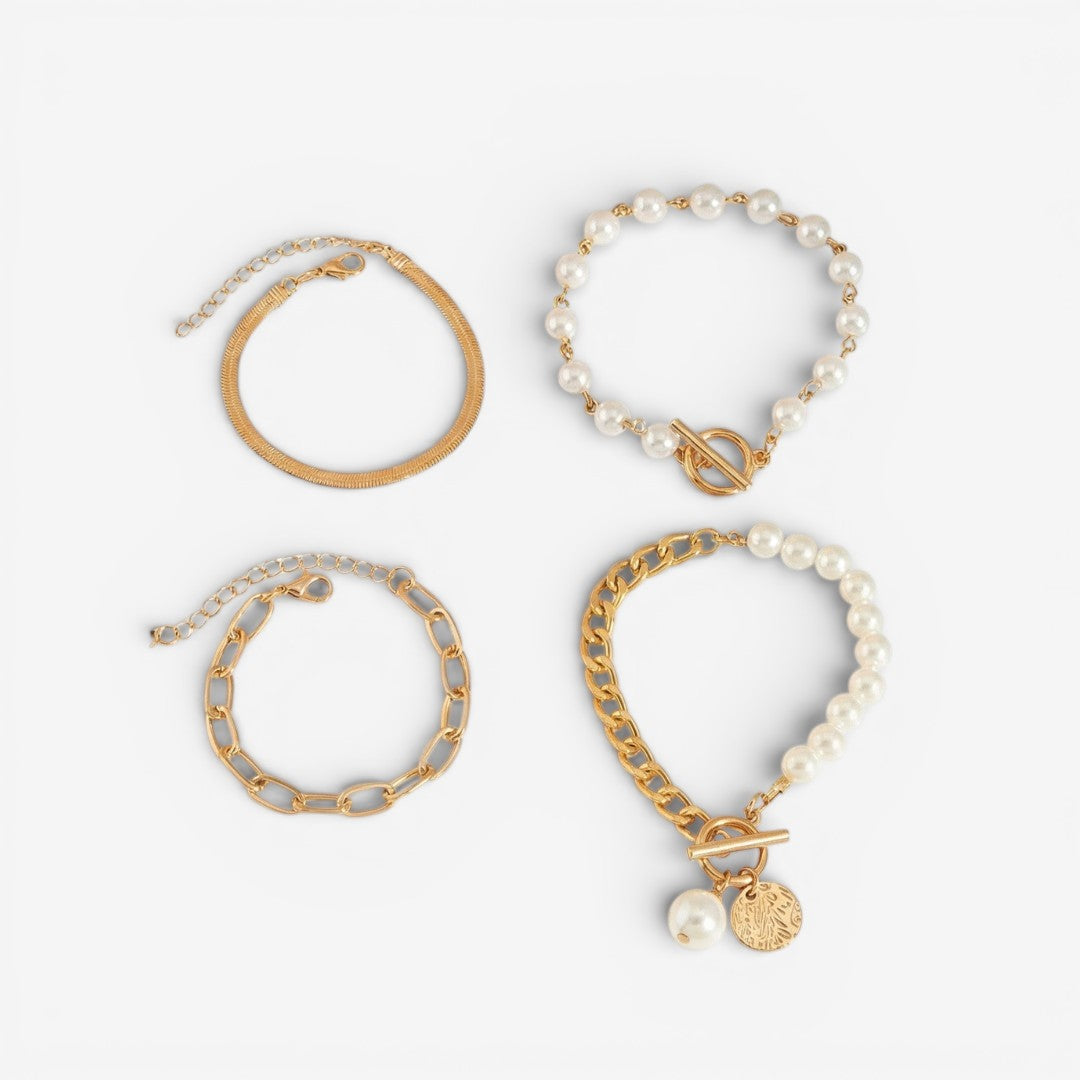 Chique set van 4 gouden armbanden – Slang, parels en schakels