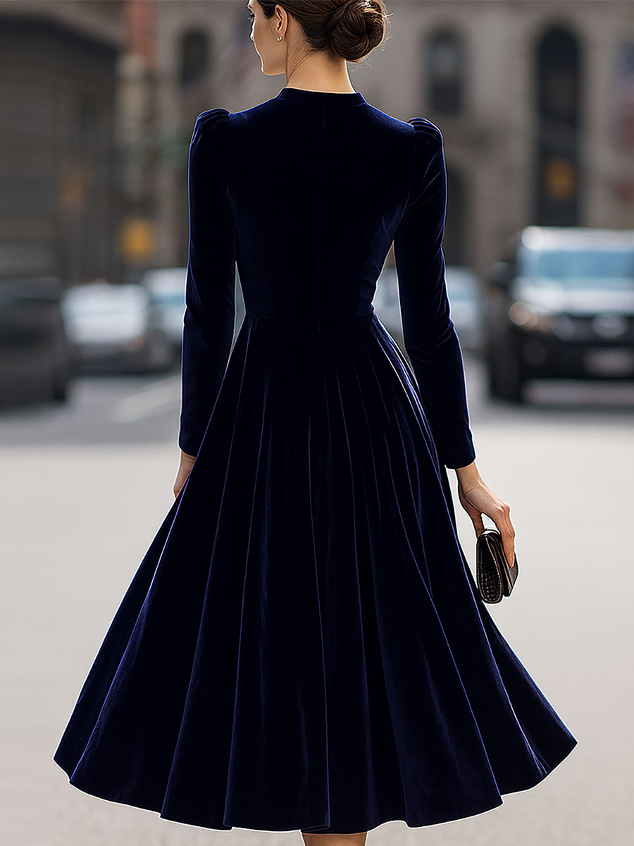 Isa | Midi Jurk met Lange Mouwen Donkerblauw