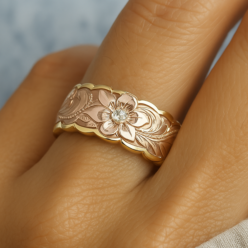 Gouden Ring met Vintage Roze Bloem